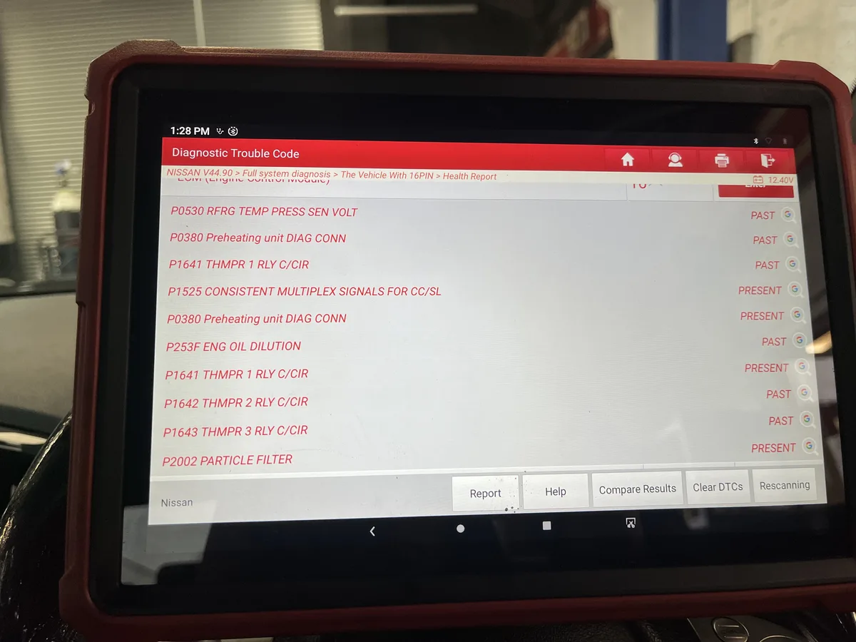 Diagnostic scan tool displaying vehicle fault codes